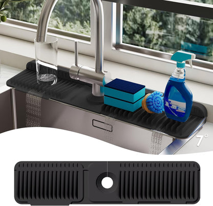 24-Inch Silicone Faucet Mat for Kitchen Sink Splash Guard, 7° Slope | 24"x5.5" water draining mat with fasten button; 1.6-2.75" customizable hole for bathroom, RV & kitchen sink drip catcher.