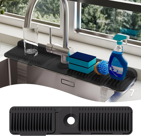 24-Inch Silicone Faucet Mat for Kitchen Sink Splash Guard, 7° Slope