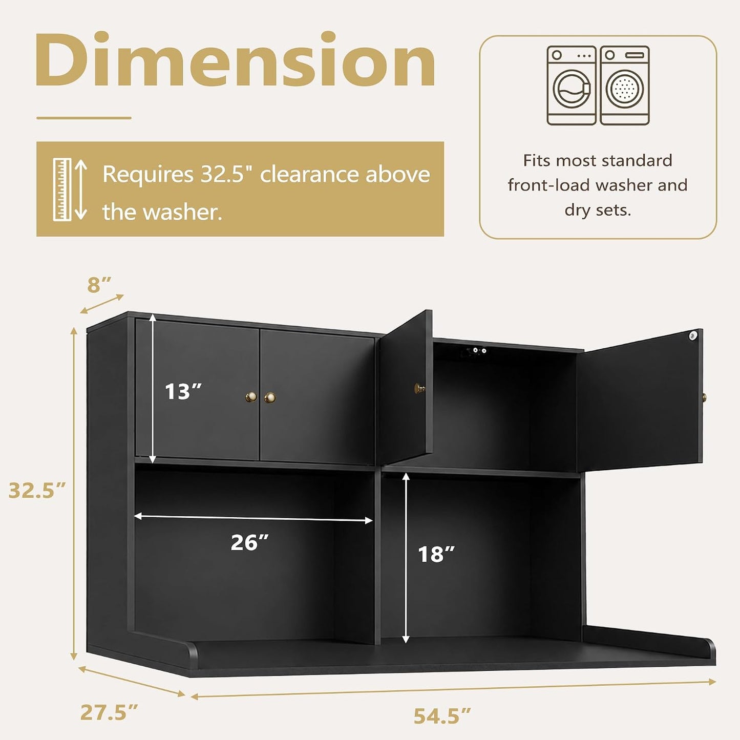 Washer Dryer Countertop with Cabinets, 2-Tier Laundry Countertop with Shelf | Washer and Dryer Topper with Edge, Over Washer and Dryer Shelves for Laundry Room, Universal Fit, 54.5"Wx27.5"Dx32.5"H