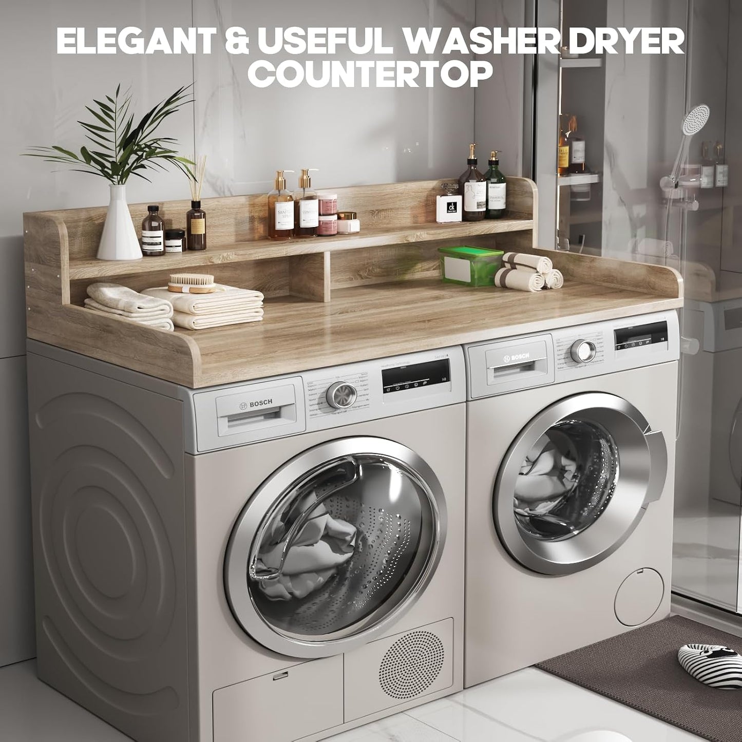 2-Tier Washer and Dryer Countertop with 2.75" H Guard,54" W x 27.5" D Laundry Countertop Cover with Non-Slip Pad,Large Space Laundry Topper for Folding Clothes Over Washer and Dryer-White