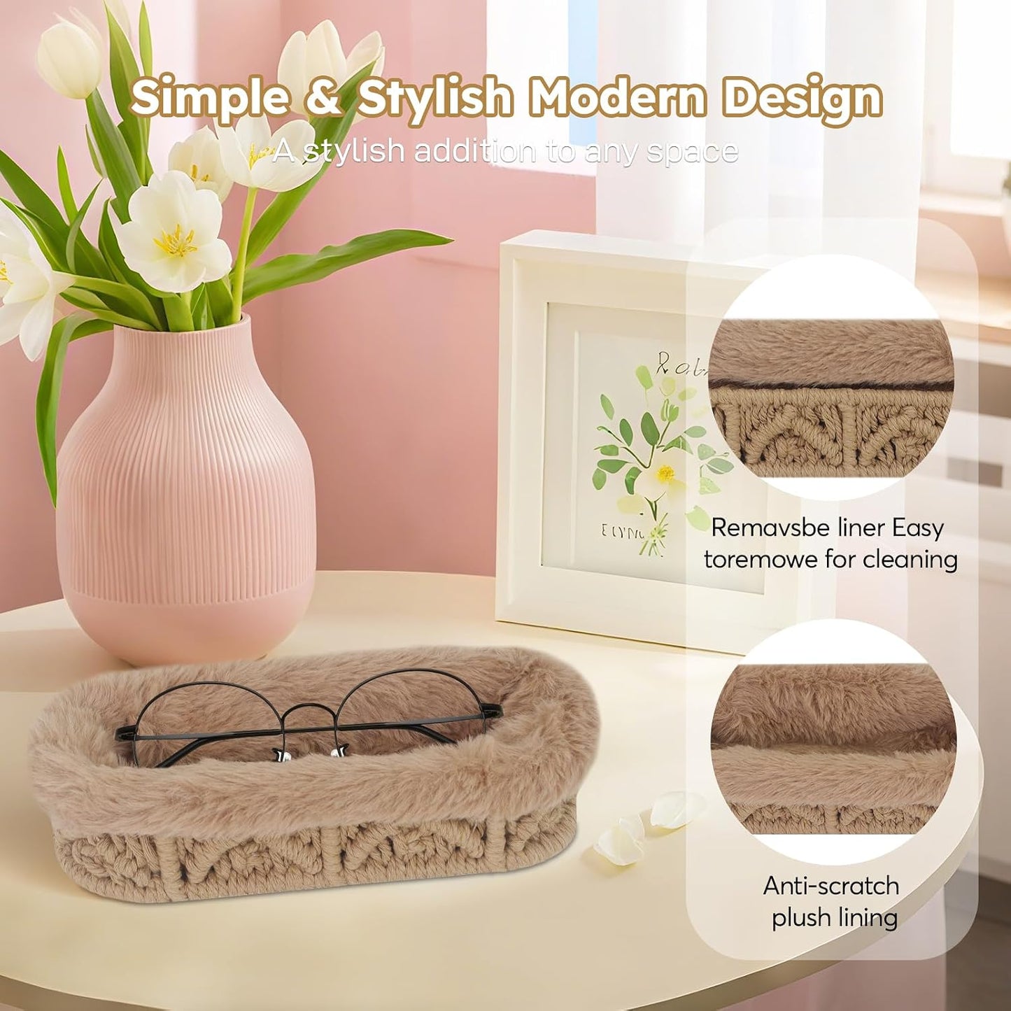 Glasses Holder, Anti-scratch Plush Lined Eyeglass Holder Stand | Oval Eye-glasses Storage Organizer Case for Nightstand, Office Desk, Bedside Table, Beige