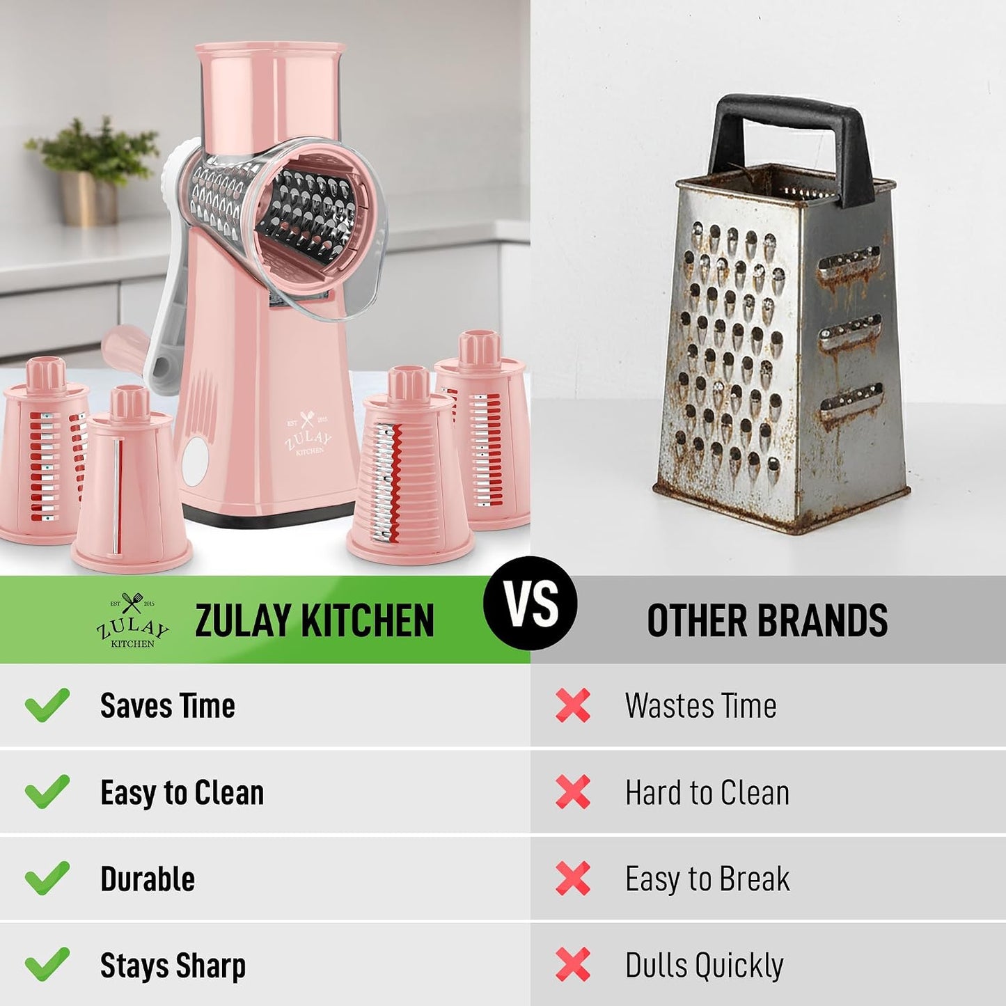 Zulay Kitchen Rotary Cheese Grater 5 Blade Cheese Shredder - Manual Hand Crank Cheese Grater With Reinforced Suction & 5 Interchangeable Drums - Easy to Use, Vegetable Chopper Round Mandoline Slicer - Colors B