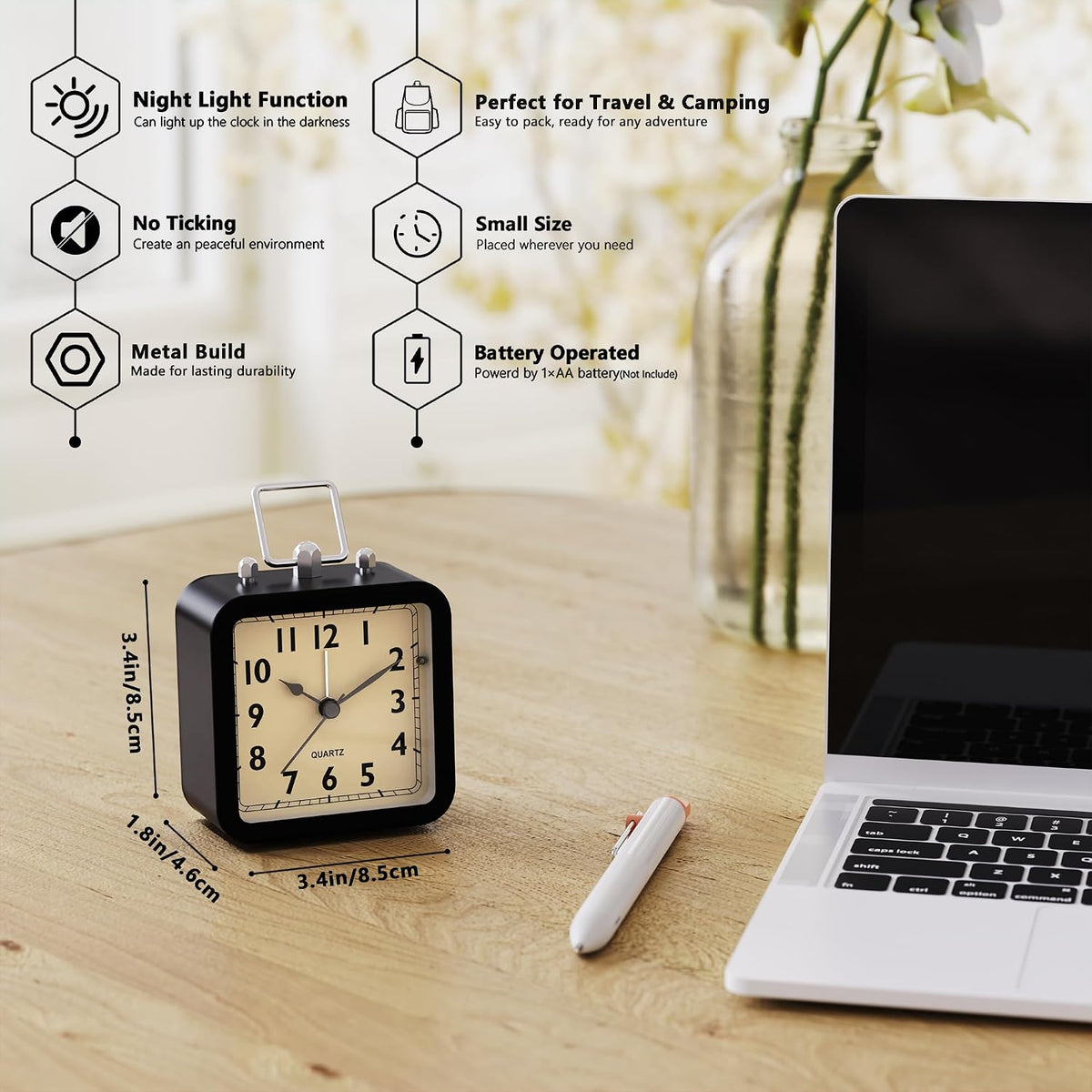 AYRELY® Small Metal Alarm Clock, Desk and Table Clock for Travel
