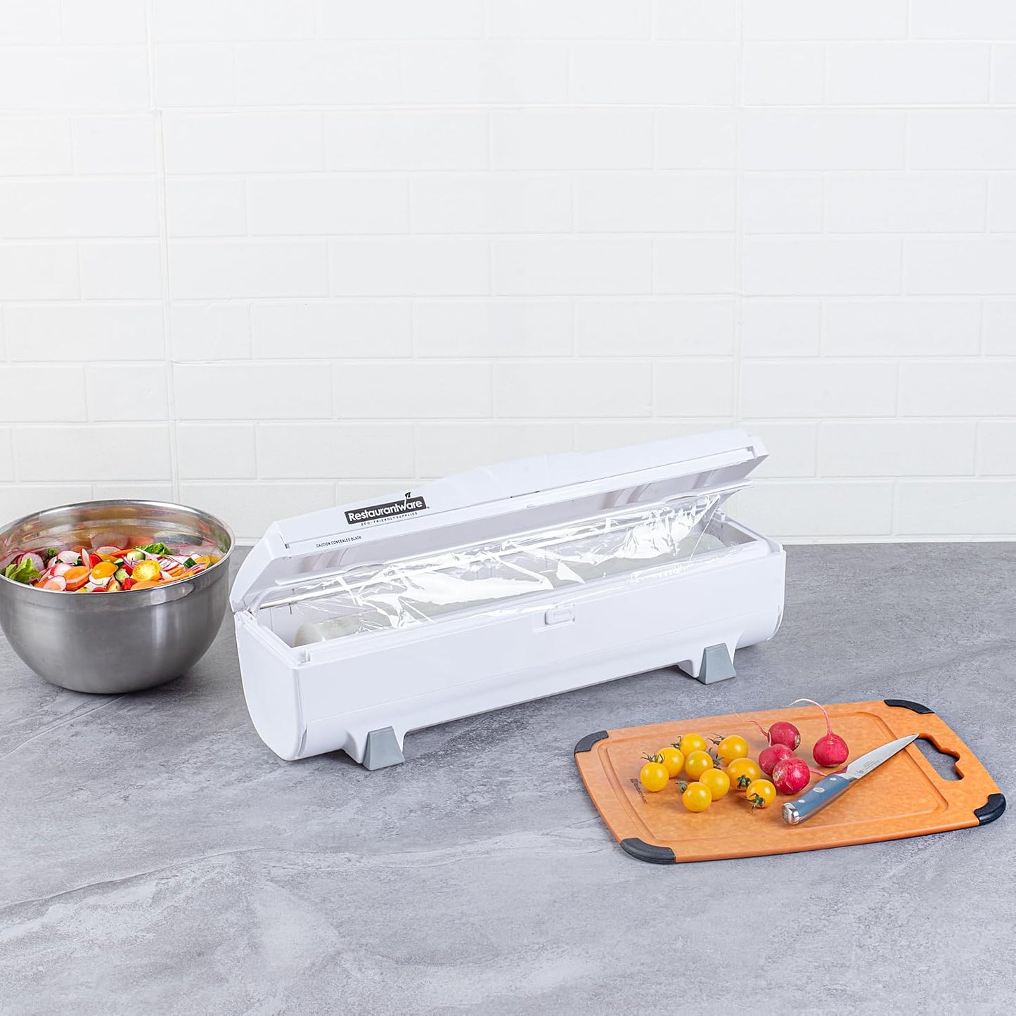 Restaurantware-Chef 101 Food Wrap Dispenser with Cutter, 1 Refillable Cling Wrap Dispenser - Fits 12” to 18” x 1000’ Rolls, Press Down and Cut, White Plastic Aluminum Foil, Sharp Blade