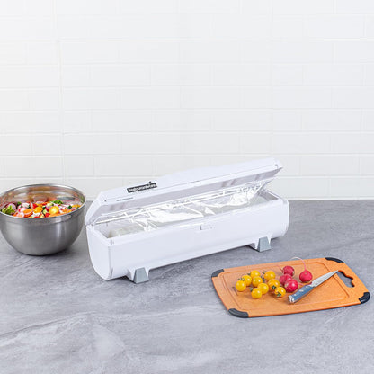 Restaurantware-Chef 101 Food Wrap Dispenser with Cutter, 1 Refillable Cling Wrap Dispenser - Fits 12” to 18” x 1000’ Rolls, Press Down and Cut, White Plastic Aluminum Foil, Sharp Blade