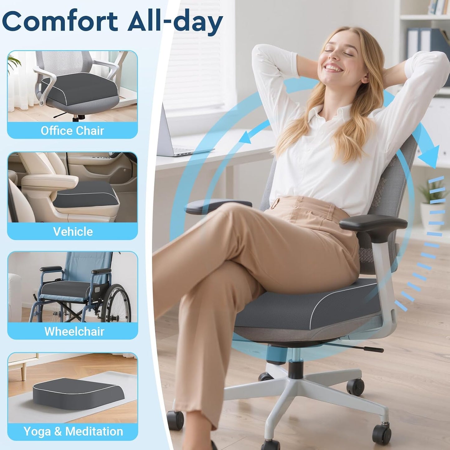 Seat Cushion, Memory Foam Office Chair Cushion, Black, Large | Office Desk Accessories, Butt Pillow for Long Sitting Sciatica, Coccyx, Tailbone, Hip Pain Relief - for Home, Car, Airplane