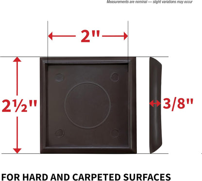 SoftTouch 2" Square Reusable Furniture Caster Cups for Couches, Chairs, Tables on Carpet or Hard Surfaces, Furniture Wheel Caster Cups with Vinyl Base, Set of 4, Brown