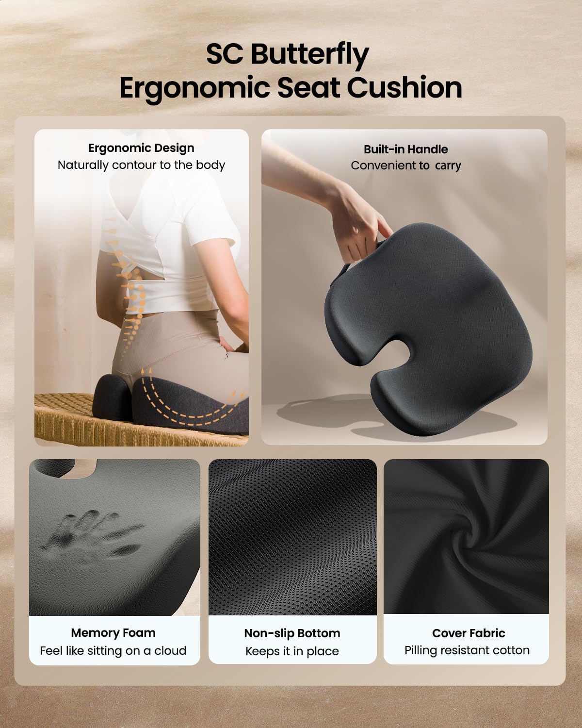 ProtoArc Seat Cushion, Office Chair Cushion for Sciatica, Black | Coccyx Cushion, Ergonomic Memory Foam Seat Cushion for Car, Home, Pressure Relief Pad for Hip, Tailbone, All Day Comfort