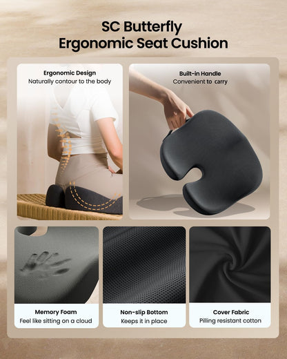 ProtoArc Seat Cushion, Office Chair Cushion for Sciatica, Black | Coccyx Cushion, Ergonomic Memory Foam Seat Cushion for Car, Home, Pressure Relief Pad for Hip, Tailbone, All Day Comfort