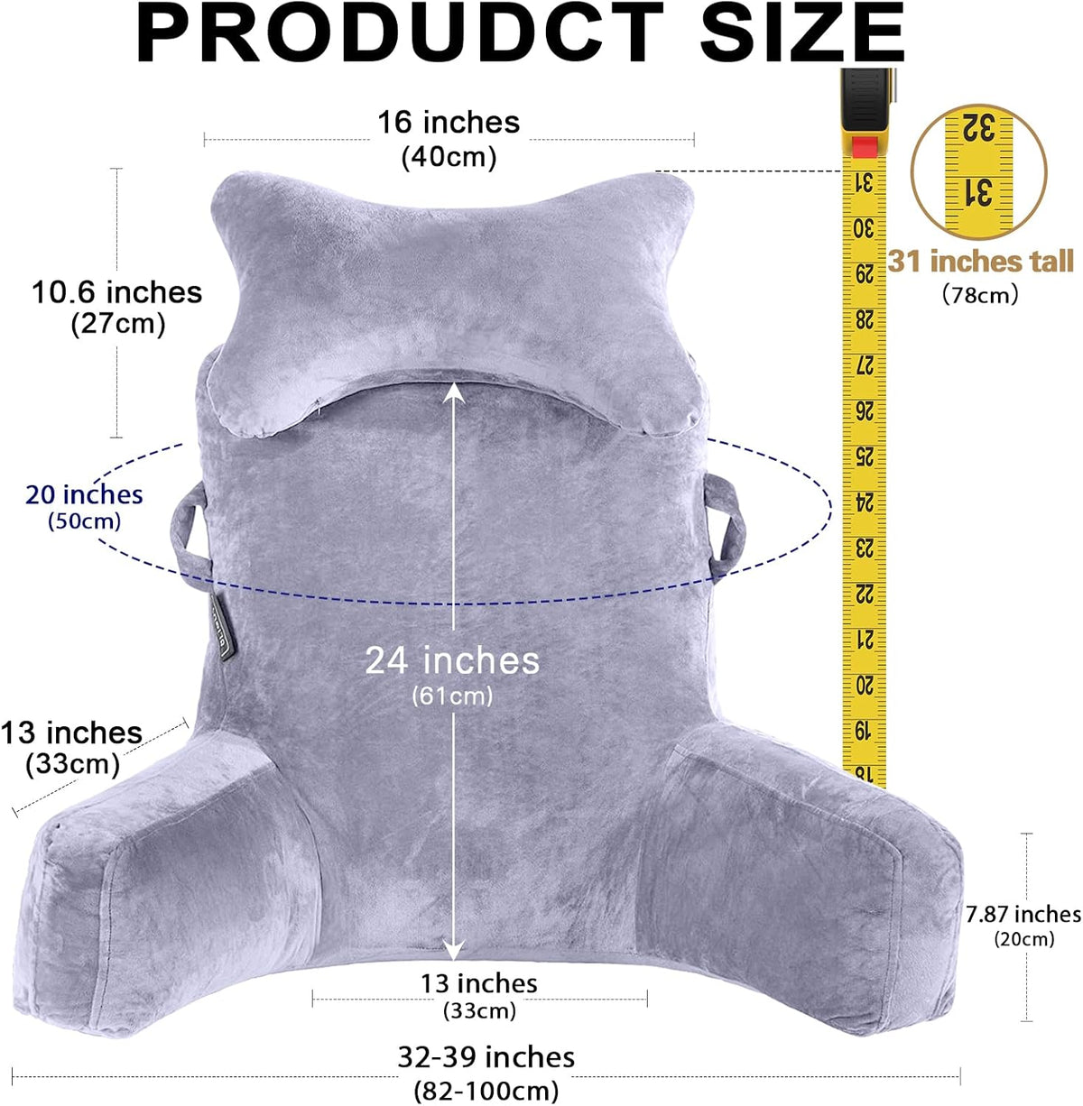 SLIGUY Reading Pillow-Bed Rest Pillow with Detachable Neck Roll & Support Arm for Sitting in Bed Couch or Floor-Backrest Reading Pillow Adult Back Pillow for Reading/Watching TV/Gaming,Dark Grey