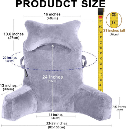 SLIGUY Reading Pillow-Bed Rest Pillow with Detachable Neck Roll & Support Arm for Sitting in Bed Couch or Floor-Backrest Reading Pillow Adult Back Pillow for Reading/Watching TV/Gaming,Dark Grey