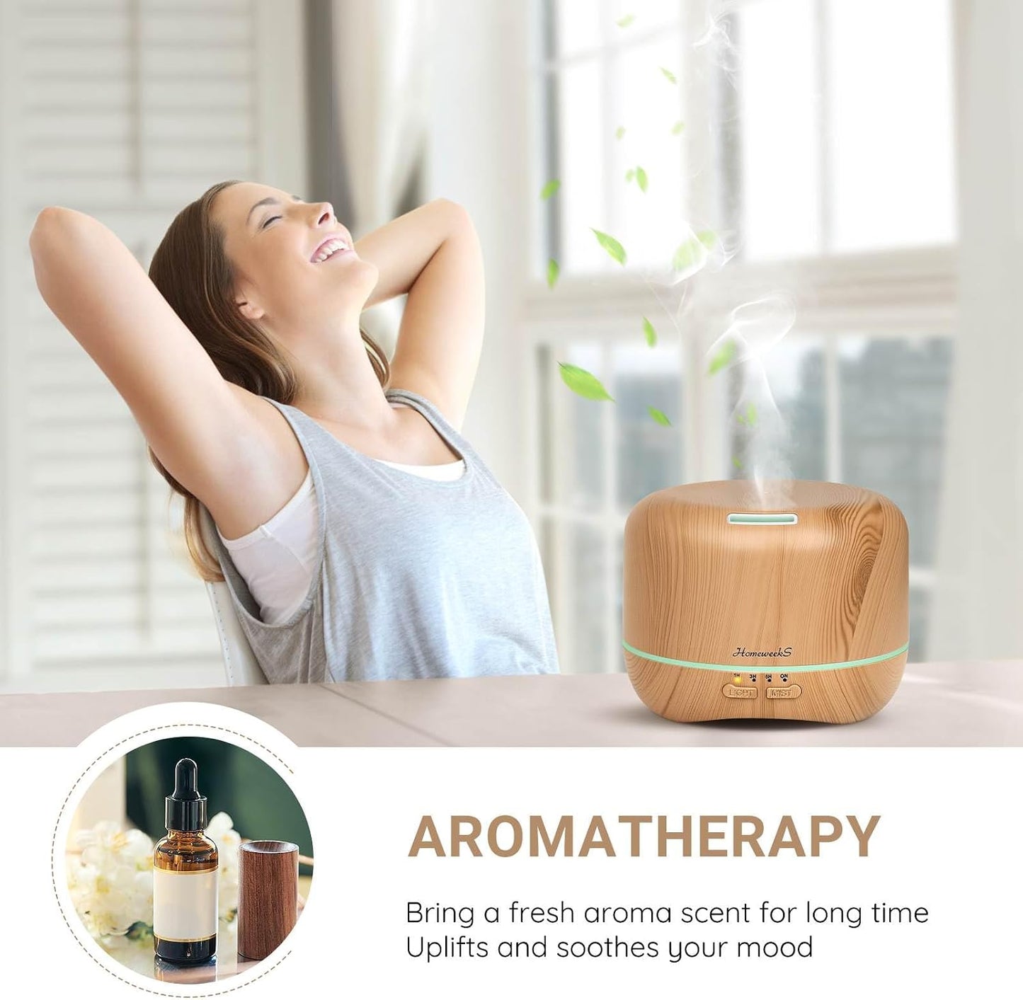 Homeweeks 300ml Essential Oil Diffuser, Quiet Aromatherapy Mist Diffusers for Essential Oils, Wood Grain, Ultrasonic, Remote Control, Timer, 7 Colors Light for Bedroom (300ml)