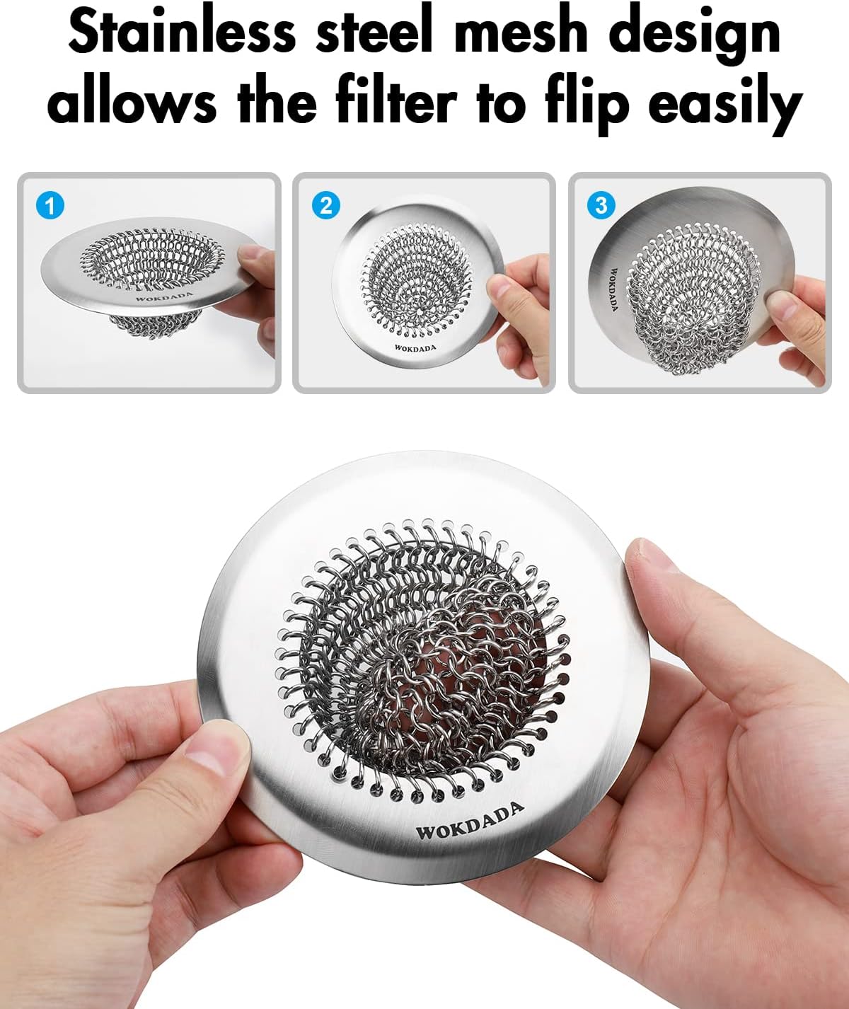 Kitchen Sink Drain Strainer,Patented Reversible Chain Mesh Basket Anti-Clog | Revolutionary Sink Strainer，Easy Clean，Fast Drainage，304 Stainless Steel Rust-Proof，4.4" Large Capacity Food Catcher，Handmade
