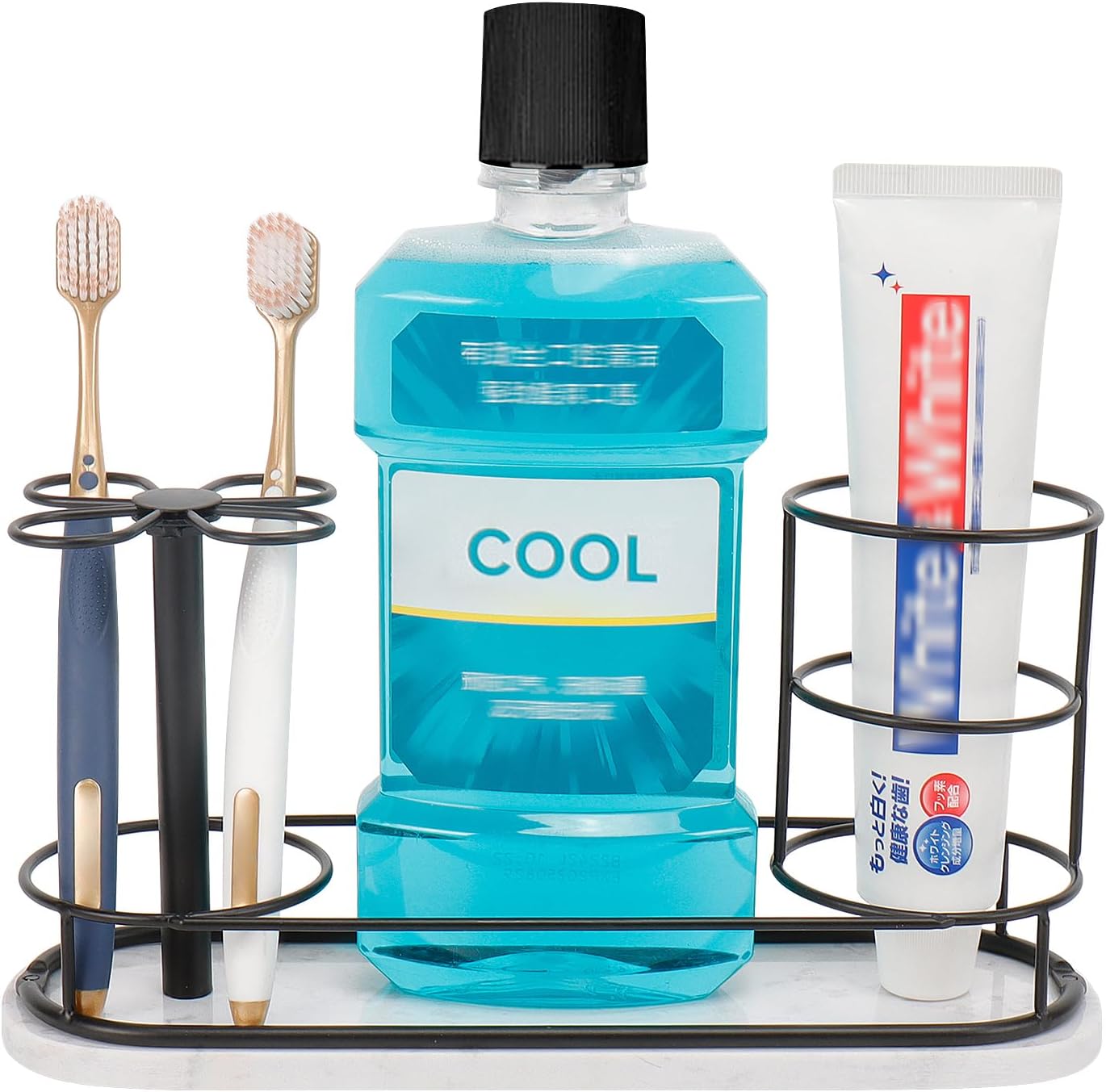 Toothbrush Holder Stand for Bathroom, Metal Toothbrush Organizer with Marble Base, Toothbrush Storage Collection for Family, Suitable for Home Hotel Countertop Vanity (Small, Matte Black)