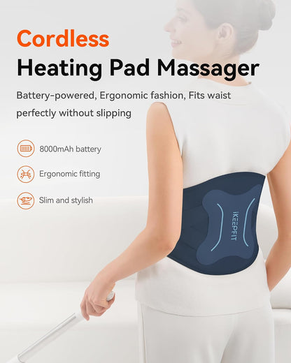 IKEEPFIT Portable Heating Pad for Back, Cordless Wearable Heat Belt with Massager for Lower Back Pain Relief, Battery Powered 8000 mAh Rechargeable, MAXwarm® 3.0, Gift for Women Men 90-310 lbs