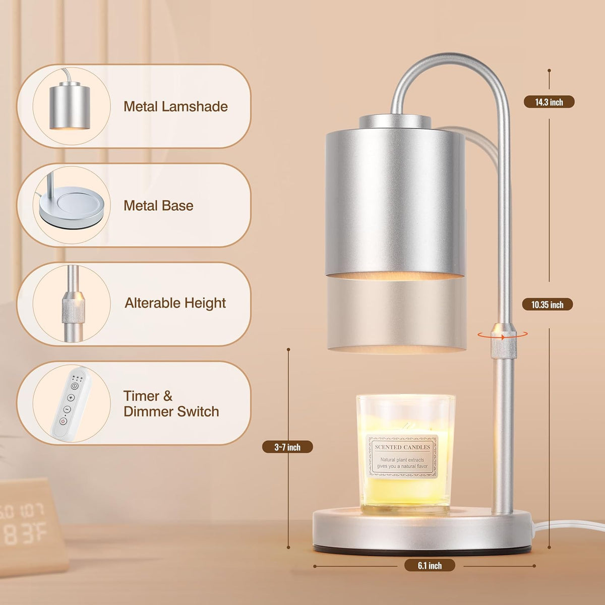 CASTLELIFE Candle Warmer Lamp with Timer & Dimmer, Height Adjustable Electric Wax Melt Warmer for Jar Candles, Gifts for Mom Home Decor, White