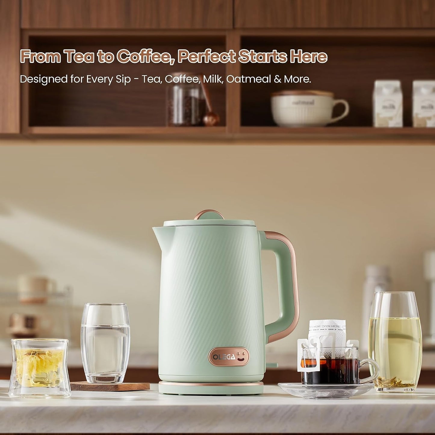 OLEGA Electric Tea Kettle: 1200W Fast Boil Electric Water Kettles 1.5L | Stainless Steel Kettle; Large Electric Water Kettle; Plastic Free Teapot; Auto Shut-Off Water Boiler; Fast Boil Kettles