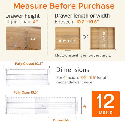 4 Pack 4" High Drawer Dividers for Clothes, 10.2"-16.5" Expandable | Dresser Drawer Organizers, Adjustable Plastic Clear Drawer Separators for Kitchen, Baby Clothing, Socks & Underwear Storage