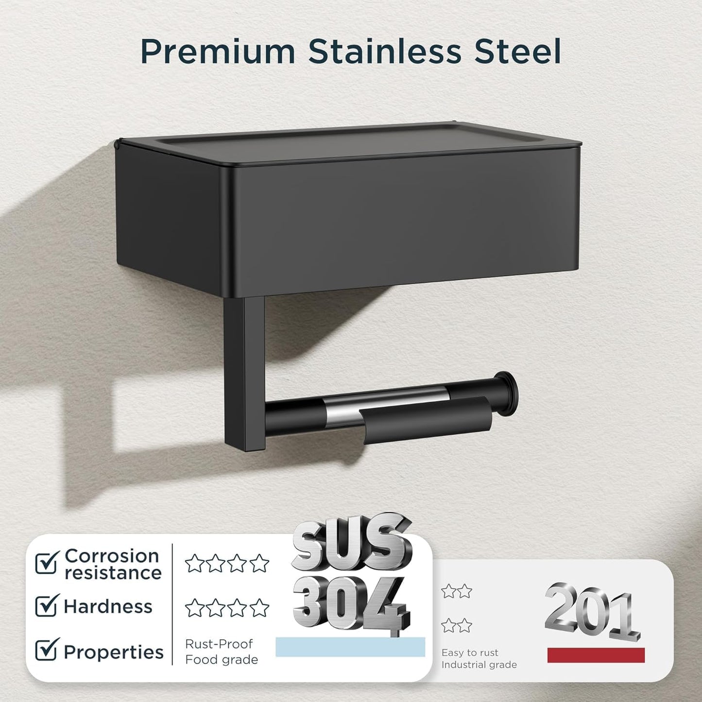 FORIOUS Toilet Paper Holder with Shelf, Wall-Mounted Modern Wipes Dispenser | Brushed Nickel | Toilet Paper Holder with Storage for Bathroom | Fits Wipes, Sanitary Napkin, Tampon | 8.0"x5.3" Large Shelf