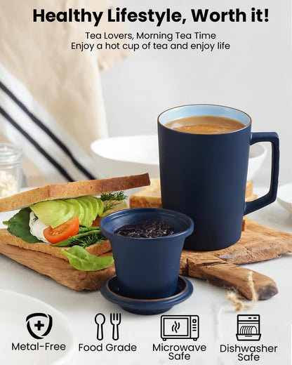 15 oz Ceramic Tea Infuser Cup with Lid - Tea Mug with All Porcelain Strainer for Loose Leaf Teas,Microwave and Dishwasher Safe,Metal-Free,BPA-Free for Tea Lovers/Birthday (Black)