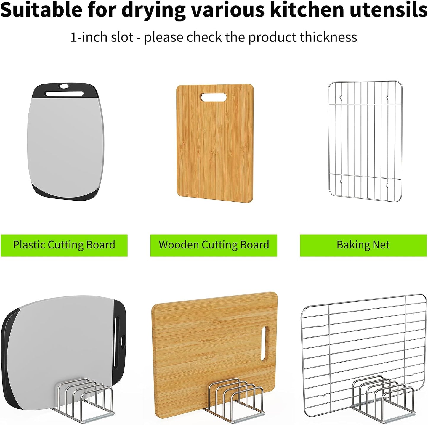 Cutting Board Holder Stand, Chopping Board Organizer Rack with 304 Stainless Steel, Cookie Sheet Storage Organizer, 1.0 & 1.2 Inch Wide Slots (1 Pack)
