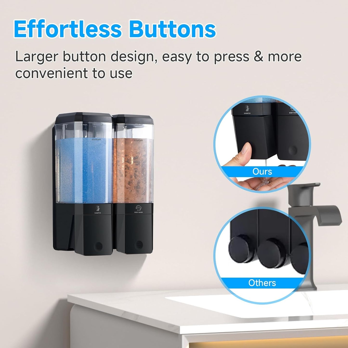 GlintGath Shower Dispenser 3 Chamber No Drill Wall Mounted Shampoo Conditioner Body Wash Dispenser, Large Capacity 1500ML, Black