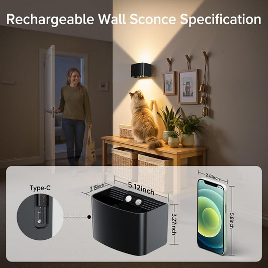 Motion Sensor Wall Light with Remote Control, 5000mAh Rechargeable Wireless Wall Sconce Set of 2, Motion Sensor Night Light Adjustable Brightness & Angle, Up and Down Battery Powered Wall Lamps Indoor