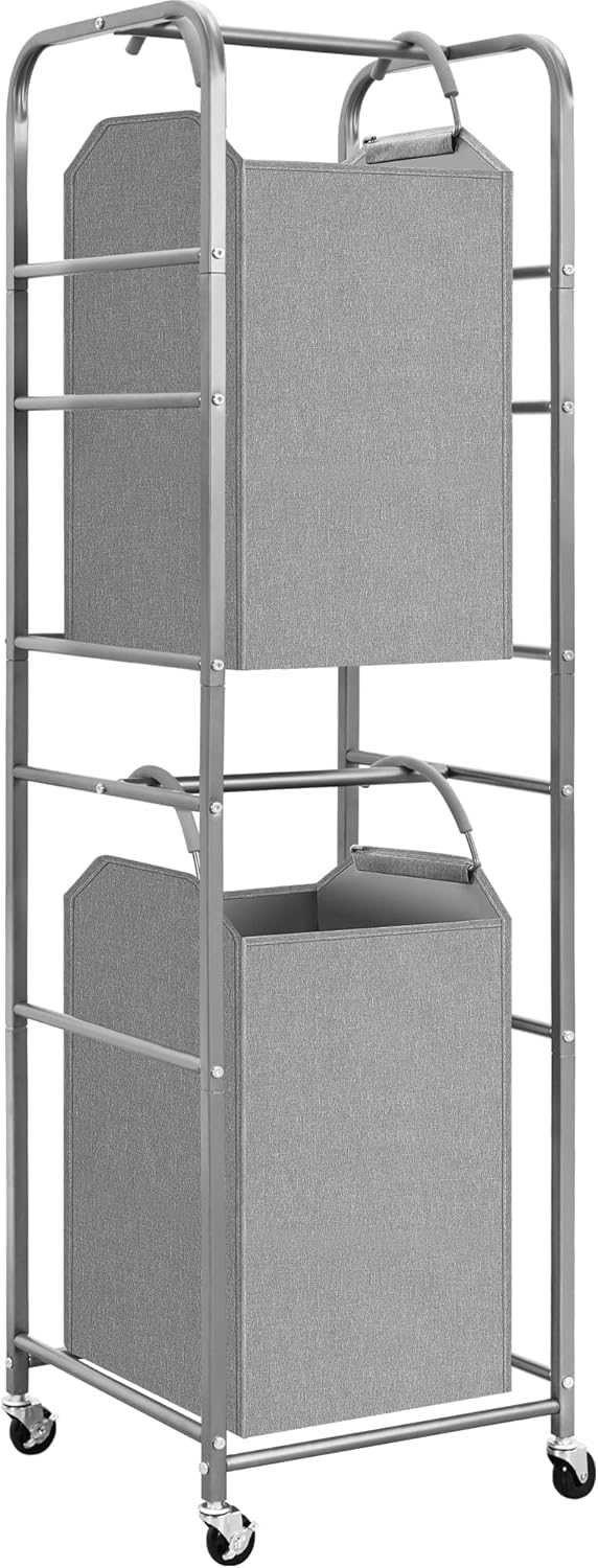 STORAGE MANIAC 2 Tier Vertical Laundry Hamper, 2 Section Laundry Sorter with 2 Removable Tote Bags, Rolling Clothes Basket for Towels, Blankets, Tall Dirty Clothes Hamper for Closet, 2 Bags Gray