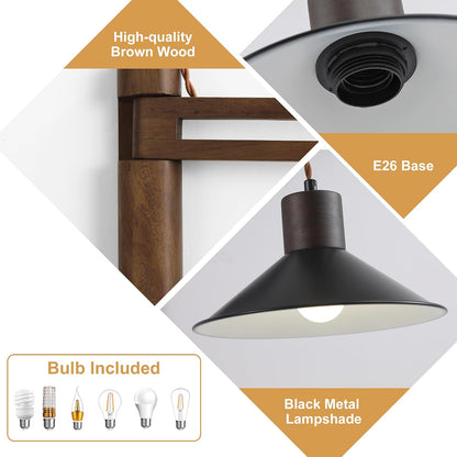 maesta Plug in Wall Lamp, Wood Swing Arm Wall Sconce for Bedroom | Swing Arm Wall Lamp, Natural Wood Finish with Corded Plug In Design, Dimmable Switch and Bulb Included for Bedroom Bedside
