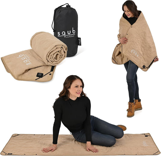 Cordless Heating Blanket - Battery Operated Throw for Camping & Travel | Rechargeable, power bank ready, fast-heat fabric, machine washable. Great for outdoor, tent, car rides, hiking. 4 colors.