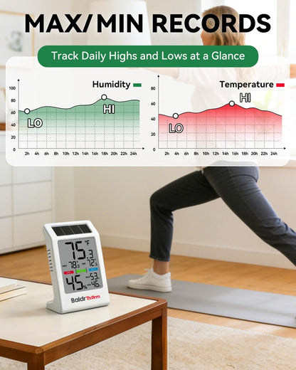 BALDR Solar Indoor Thermometer Hygrometer, Max/Min, Comfort Meter (White) | Solar & Battery Dual Power |No Setup or App Required |Clear Comfort Level Indicator |Flexible Desk or Wall Placement
