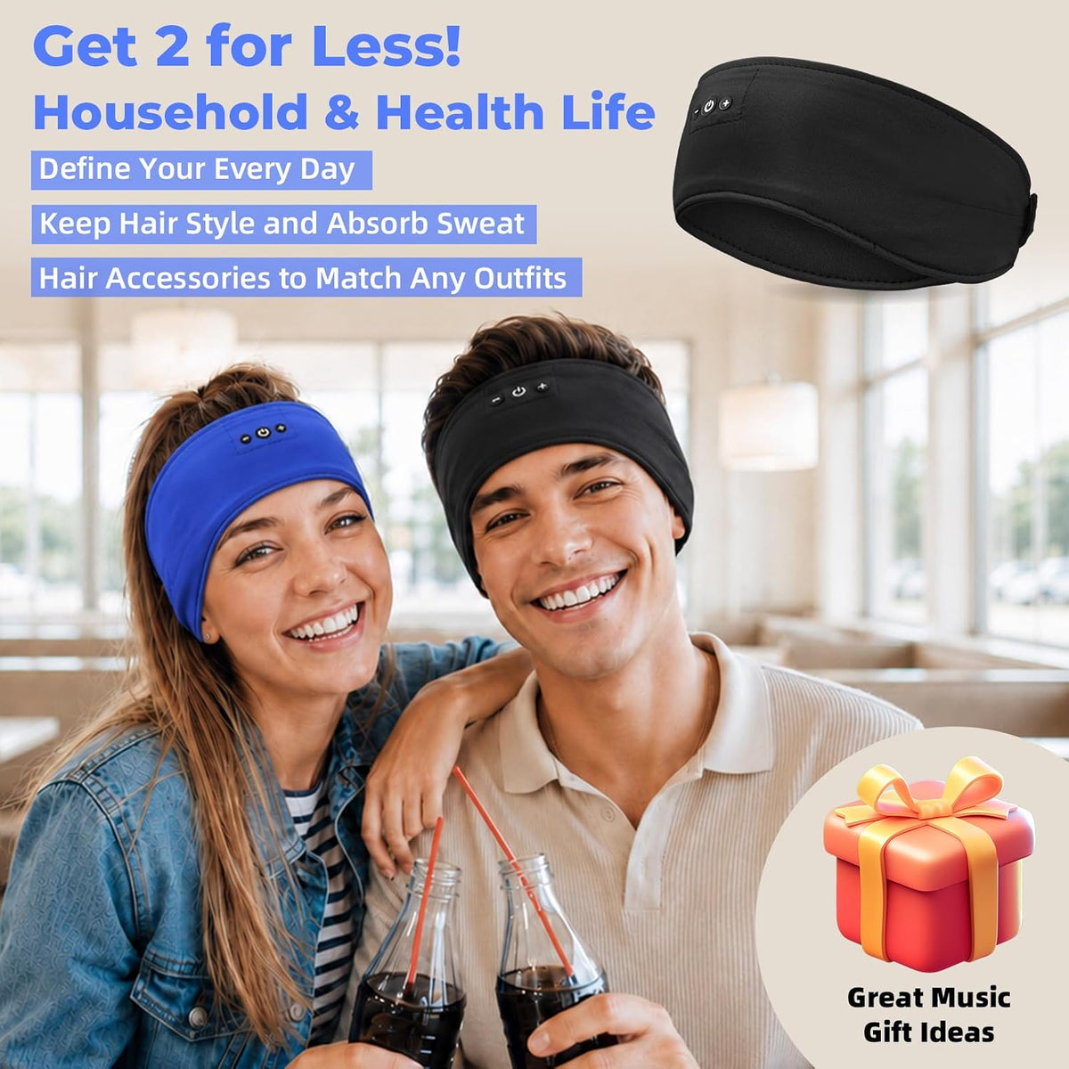 2-Pack Sleep Headphones Headband with Adjustable Hook and Loop, Bluetooth Headband Headphones for Sleeping Workout Running Yoga Gift