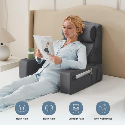 Reading Pillow for Bed with Adjustable Armrests and Side Pockets, Back Pillow for Bed Sitting Up, Sit Up Pillow, and Bed Pillows for Sitting Up, Ideal for Reading, Watching TV and Relaxing, Light Gray
