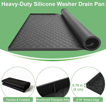 33 x 31 Inch Washing Machine Drain Pan, Silicone Washer Pan, Grey | 2cm Raised Waterproof Edge, Washer and Dryer Mat for Floor Protection, Fits Standard & Large Washers Up to 5.0 Cu.Ft.