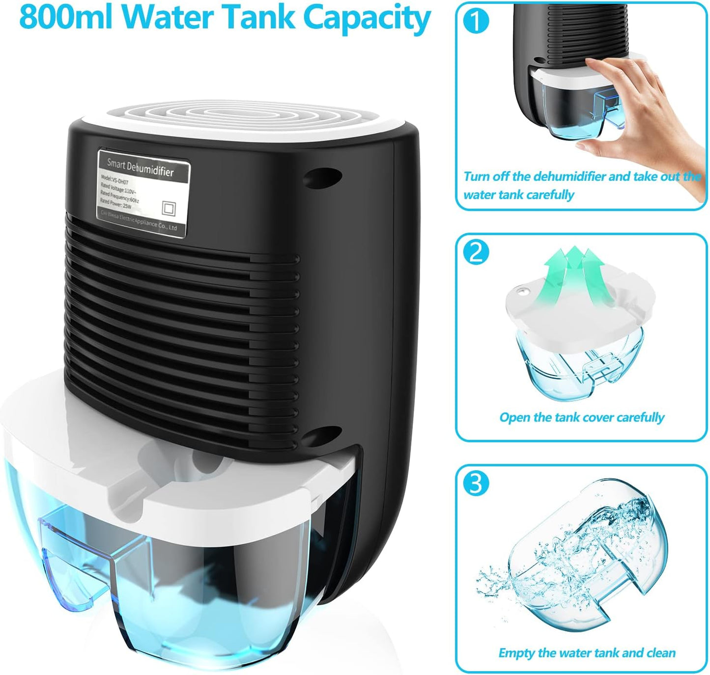 Dehumidifiers for Home 27oz(800ml), Small Auto Shut off with Drain Hose | Portable Ultra Quiet Mini Dehumidifier for Bathroom, Basement, Garage, RV, Gun Safe, Closet, Quiet Moisture Absorber