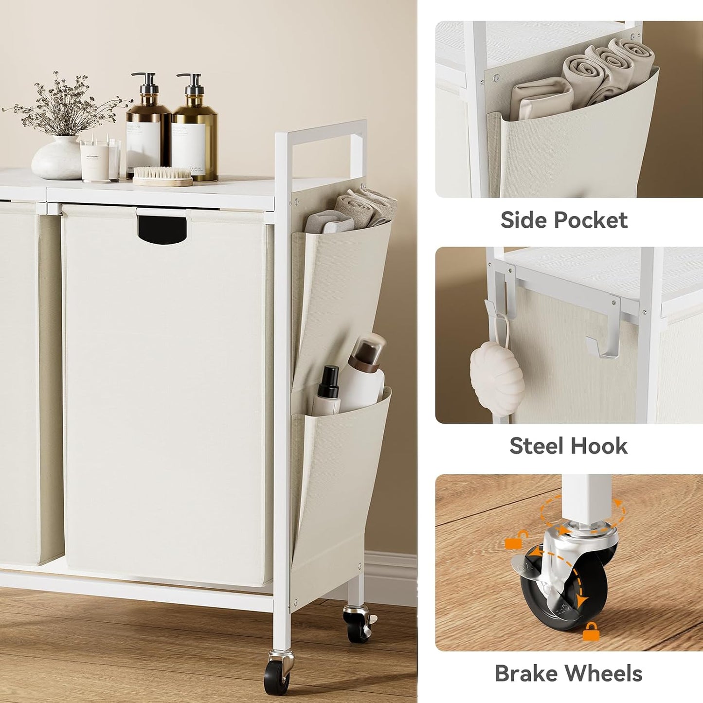WOWLIVE Double Laundry Hamper with Wheels, Rolling Laundry Basket Organizer | Laundry Hamper 2 section with Lid, Iron-Made Laundry Sorter with Shelf, Removable Bags, Large Clothes Storage, White