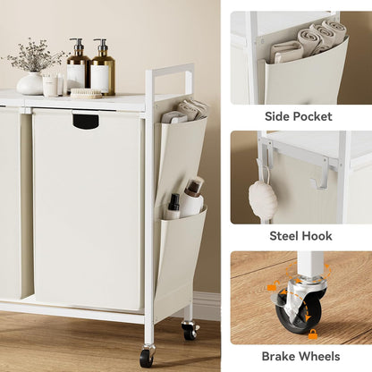 WOWLIVE Double Laundry Hamper with Wheels, Rolling Laundry Basket Organizer | Laundry Hamper 2 section with Lid, Iron-Made Laundry Sorter with Shelf, Removable Bags, Large Clothes Storage, White