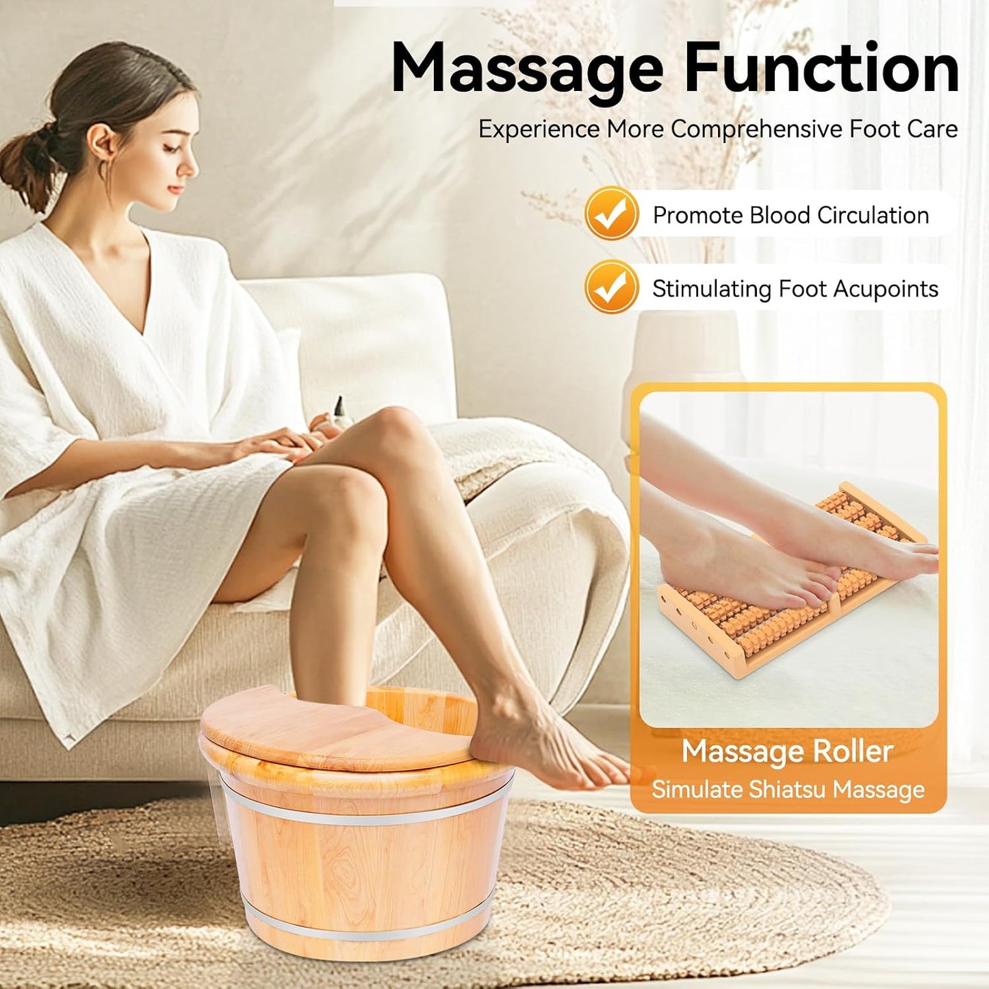 Cedar Wood Foot Spa Bath Bucket with Shiatsu Massage Roller & Lid - 30 Min Heat Retention, Natural Wooden Soaking Tub for Relaxation, Great for Parents