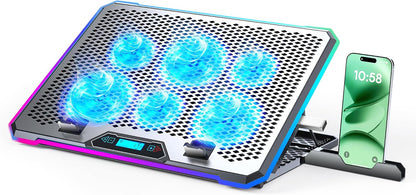 KYOLLY Aluminum Alloy RGB Gaming Laptop Cooler with 6 Fans and LCD Screen - 10 RGB Modes Memory Function, 4 USB Ports 3.0 and 2.0 Hub, 9 Height Adjustable for 10 to 21 Inch Laptops on Desk or Lap