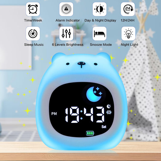 Kids Alarm Clock, Sunrise Alarm Clock with Night Light, LED Display Bedside Clock with Sleep Music Soothing Sounds, Snooze Function, 12/24H, 6 Adjustable Brightness for Bedroom, White Bear