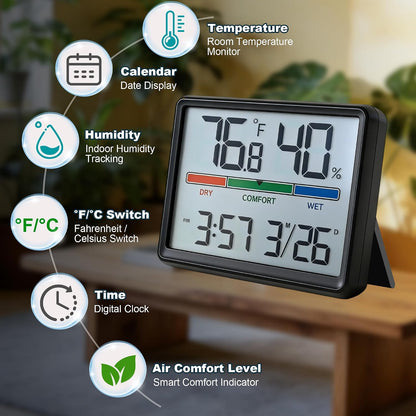 Digital Hygrometer Indoor Thermometer, Clock with Temp & Humidity, Temp Gauge with Comfort Indicator, Wall/Magnetic/Desk Alarm Clock for Bedroom, Baby Room, Office, Kitchen, Garage (Black)