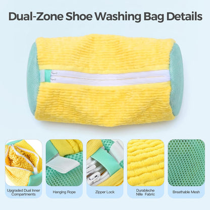 Dual Shoe Washing Machine Bag for Washer and Dryer Holds 2 Shoes (Yellow) | Reusable Laundry Shoe Bag with Microfiber Brushes, 360° Deep Cleaning, Self-Locking Zipper,Sneaker Tennis Shoe Cleaning Bag