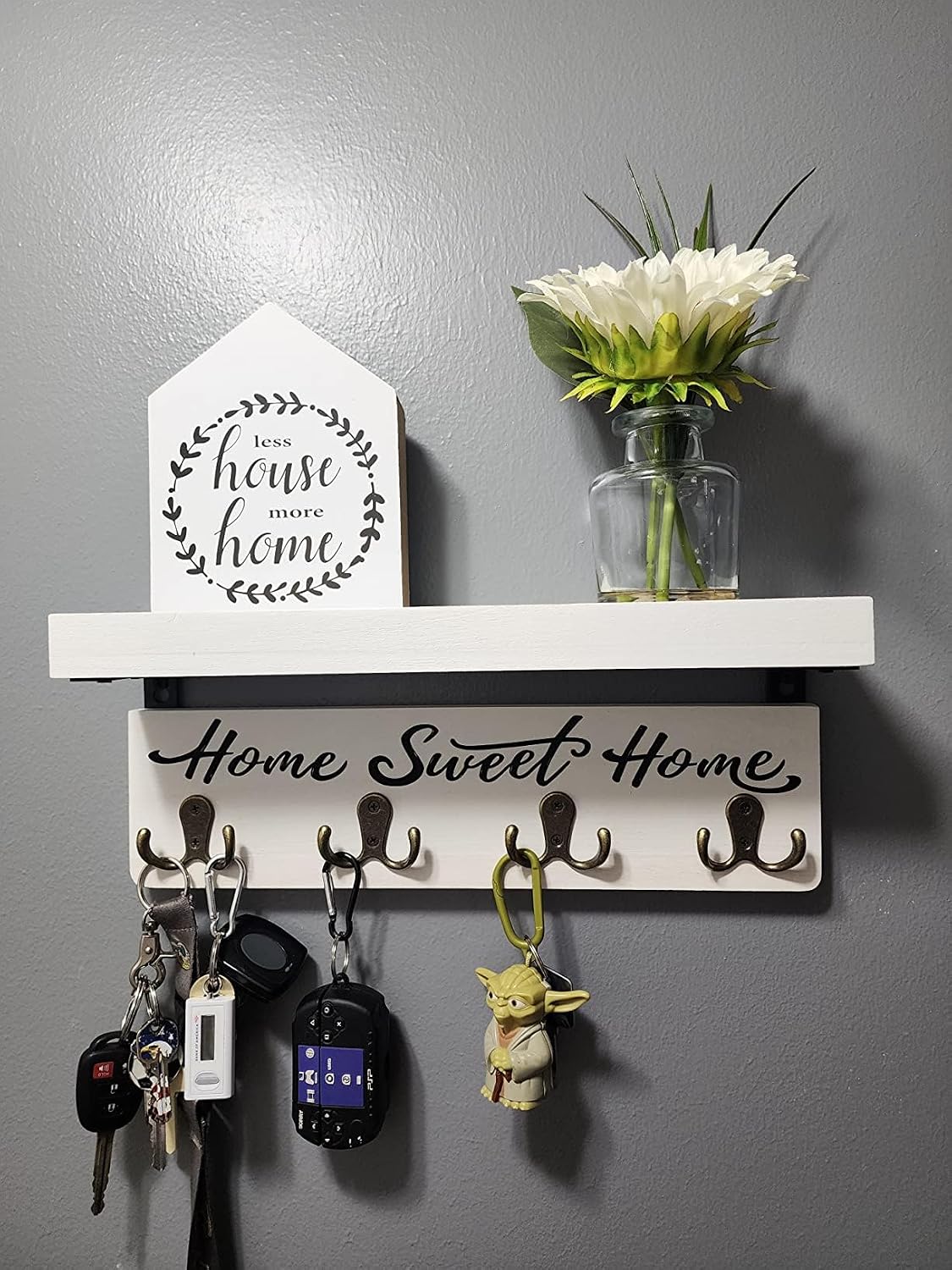 buways Key Holder Wall Mount with 8 Hooks and Cozy Home Sign (Gray) | Solid Wood, Floating Shelf for Keys, Mail, and Daily Essentials in Entryways, Hallways or Home Decor