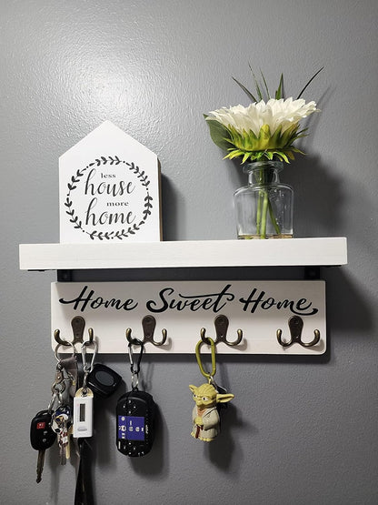 buways Key Holder Wall Mount with 8 Hooks and Cozy Home Sign (Gray) | Solid Wood, Floating Shelf for Keys, Mail, and Daily Essentials in Entryways, Hallways or Home Decor