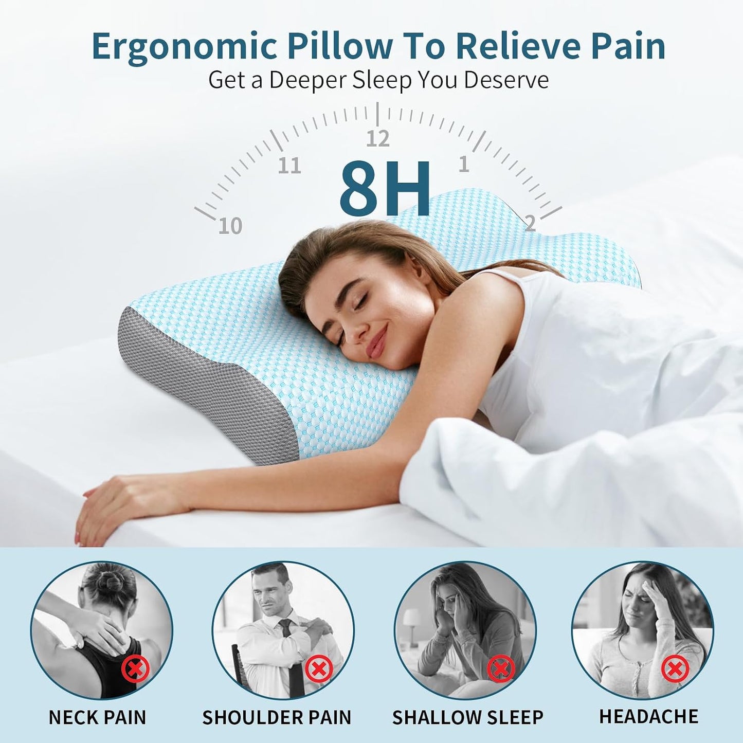 Polovo Cervical Neck Pillow for Pain Relief - Ergonomic Side Sleeper Pillow for Deep Sleep, Contour Memory Foam Pillows for Sleeping Bed Pillow for Side Back Stomach Sleepers(Grey)