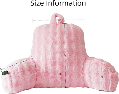 Faux Fur Reading Pillow for Sitting in Bed, Large Backrest Bed Pillow with Arms, Back Support Pillow for Lounging Bedrest, Beige