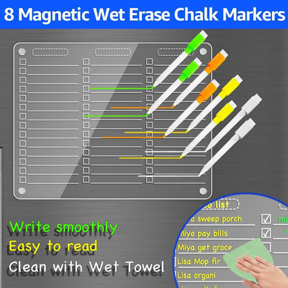 PigPotParty Acrylic Magnetic Chore Chart for Kids, 12x9.5 Inch, 2 Pack | Sleek Clear Acrylic Design, Reward System Builds Habits, Built-In Magnets Require No Installation, 8 Wet-Erase Markers