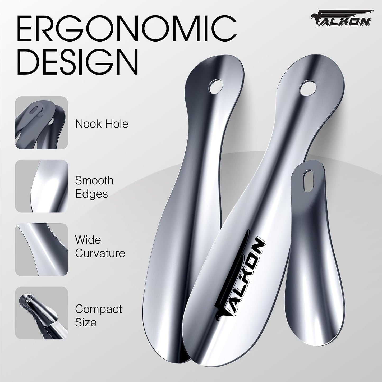 FALKON Set of 3 Metal Shoe Horns – Two 7.5" Long & One 4" Travel Shoe Horns for Women, Men, and Kids, Ideal for Travel