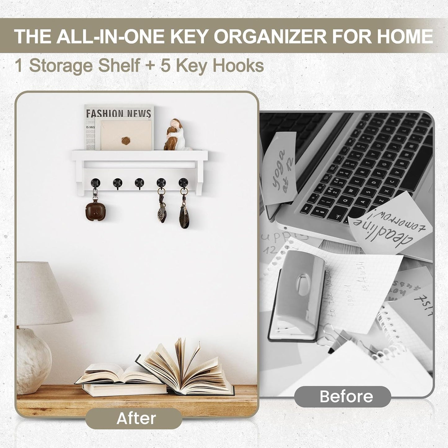 Key and Mail Holder Wall Mount, Mail Organizer with 5 Key Hooks | Key Holder with Shelf, Key Holder for Coat, Dog Leash, Home Decor Rack, Entry Way Organizer