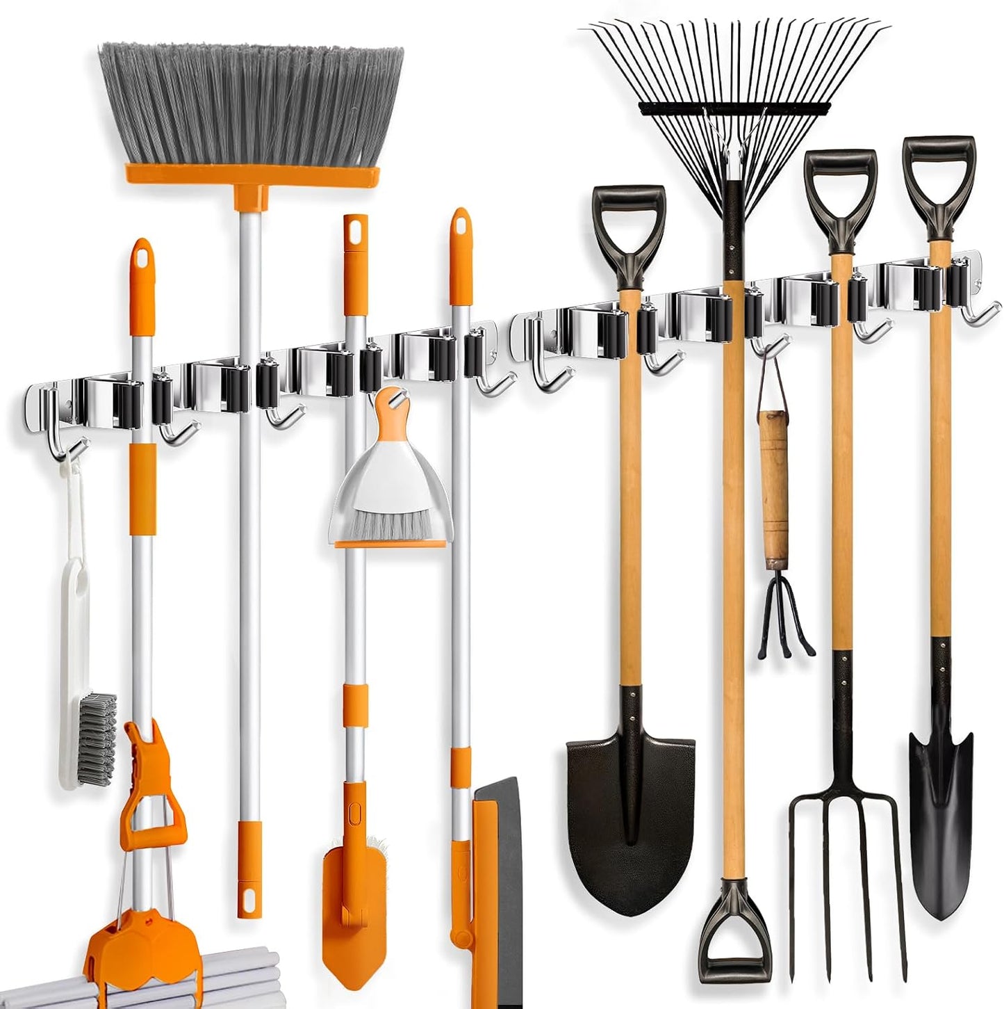 ZONGOOL 2 Pack Mop Broom Holder Wall Mount 4 Racks 5 Hooks Storage Black | 304 Rustproof Stainless Steel Broom Hanger, Non-Slip Wall Mount Organizer, Space Saving For Kitchen, Laundry, Garden